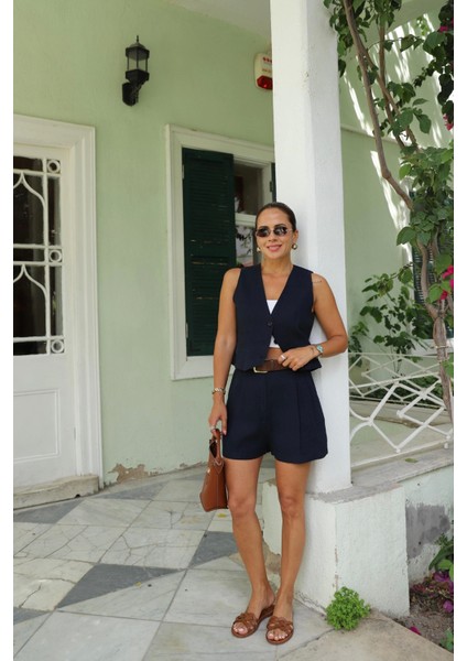 Lacivert Çift Pile Detay Şort Yelek Takım