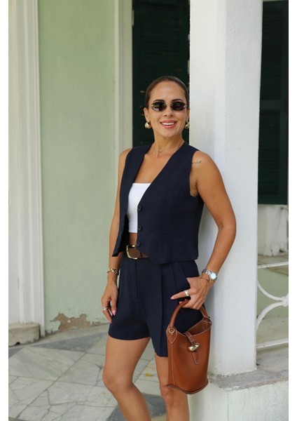 Lacivert Çift Pile Detay Şort Yelek Takım fırsatları