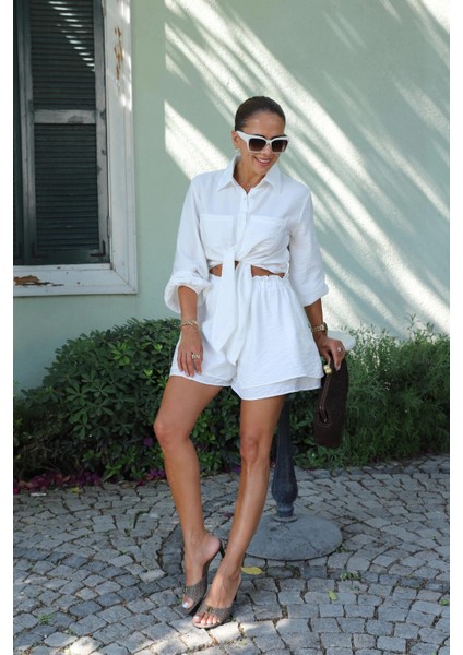 Beyaz Bağlama Detay Gömlek Şort Takım fiyatları