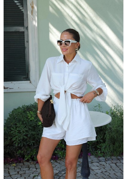 Beyaz Bağlama Detay Gömlek Şort Takım modelleri