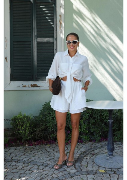 Beyaz Bağlama Detay Gömlek Şort Takım indirimleri