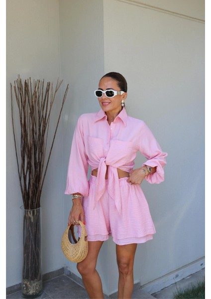 Pembe Bağlama Detay Gömlek Şort Takım