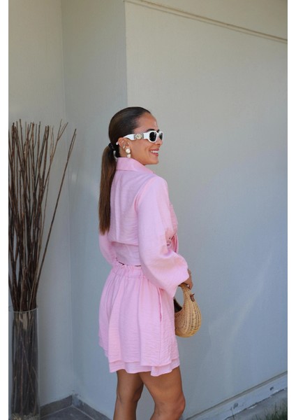 Pembe Bağlama Detay Gömlek Şort Takım fiyatları