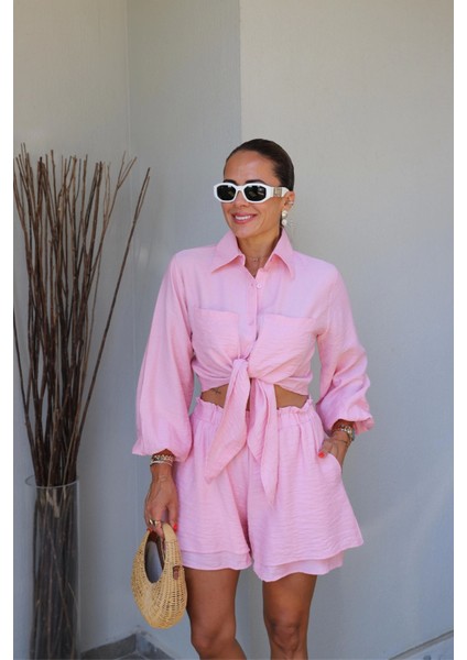 Pembe Bağlama Detay Gömlek Şort Takım modelleri