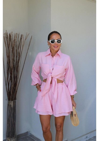 Pembe Bağlama Detay Gömlek Şort Takım indirimleri