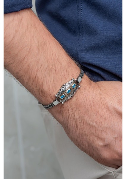 Mavi 3 Taşlı 925 Gümüş Erkek Bileklik Künye