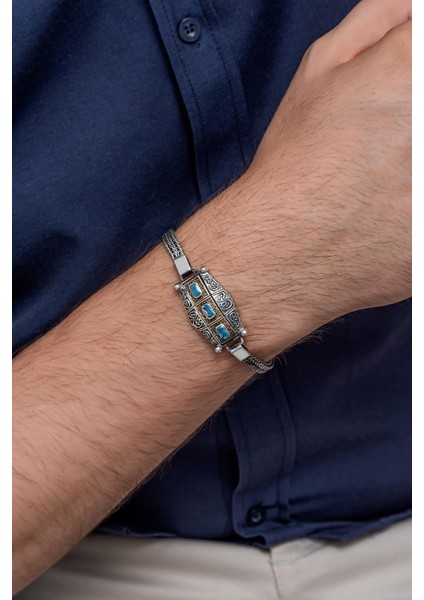 Mavi 3 Taşlı 925 Gümüş Erkek Bileklik Künye fiyatları