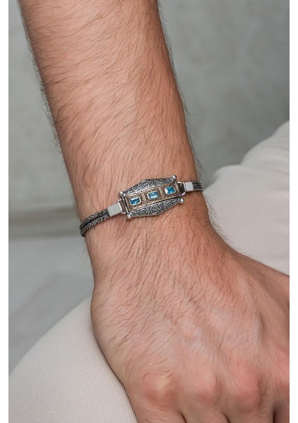 Mavi 3 Taşlı 925 Gümüş Erkek Bileklik Künye modelleri