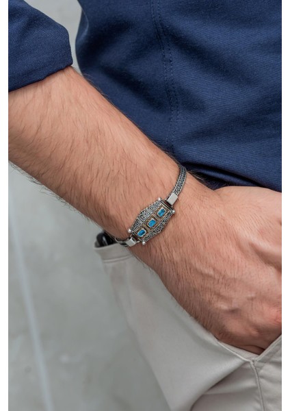 Mavi 3 Taşlı 925 Gümüş Erkek Bileklik Künye fırsatları