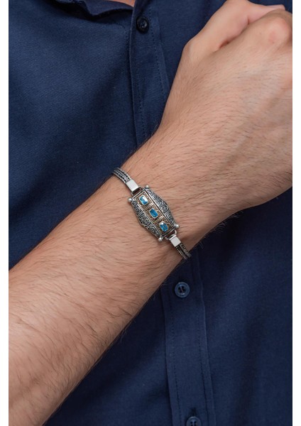 Mavi 3 Taşlı 925 Gümüş Erkek Bileklik Künye indirimleri