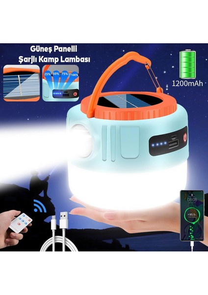 Güneş Enerjili Şarjlı Solar Kamp Lambası Ledli Asılarbilir El Feneri Powerbank 1200 Mah