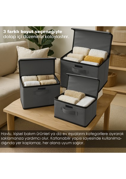 3'lü Kapaklı Saklama Kutusu Seti - Çok Amaçlı Dolap Içi Organizer Çamaşır Oyuncak Düzenleyici Gri modelleri