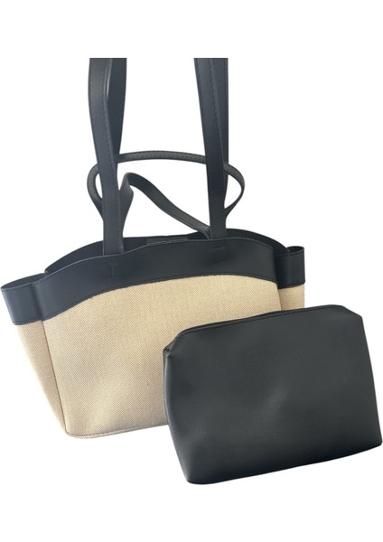 Kanvas Çift Askılı Makyaj Çantalı Kadın Omuz Çantası