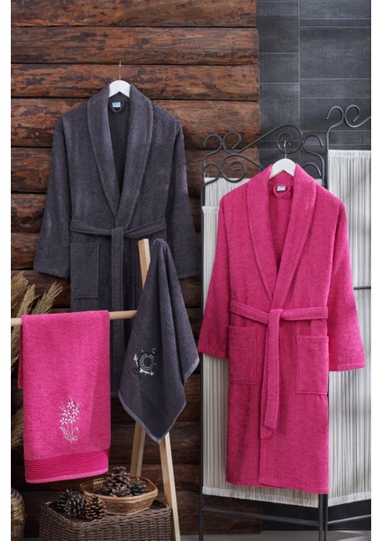 Mira Home 4 Parça Aile Bornoz Seti Kadın Erkek Havlulu Bornoz Takımı Fuşya Gri