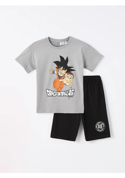 Lcw Kids Gri Bisiklet Yaka Dragon Ball Baskılı Erkek Çocuk Şortlu Pijama Takımı