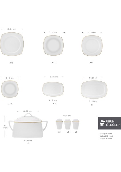 Square Bone Chiara 60 Parça 12 Kişilik Yemek Takımı Gold fiyatları