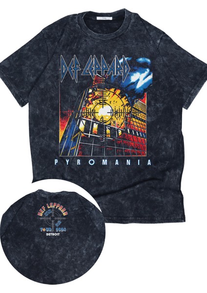 Oversize Def Leppard Pyromania Ense Baskılı Yıkamalı T-Shirt, Unisex Rock Band Temalı Retro Tişört