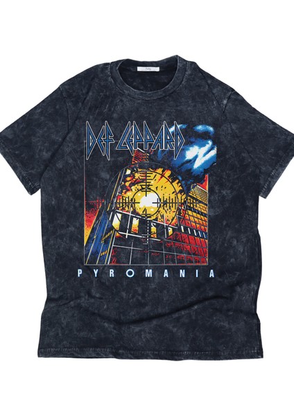 Oversize Def Leppard Pyromania Ense Baskılı Yıkamalı T-Shirt, Unisex Rock Band Temalı Retro Tişört modelleri