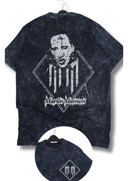 Oversize Marlin Manson Cep Sırt Baskılı Yıkamalı T-Shirt, Unisex Rock Band Temalı Vintage Tişört