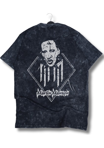 Oversize Marlin Manson Cep Sırt Baskılı Yıkamalı T-Shirt, Unisex Rock Band Temalı Vintage Tişört modelleri