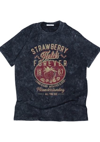 Oversize Strawberry Fields Forever Baskılı Yıkamalı T-Shirt, Unisex The Beatles Temalı Tişört