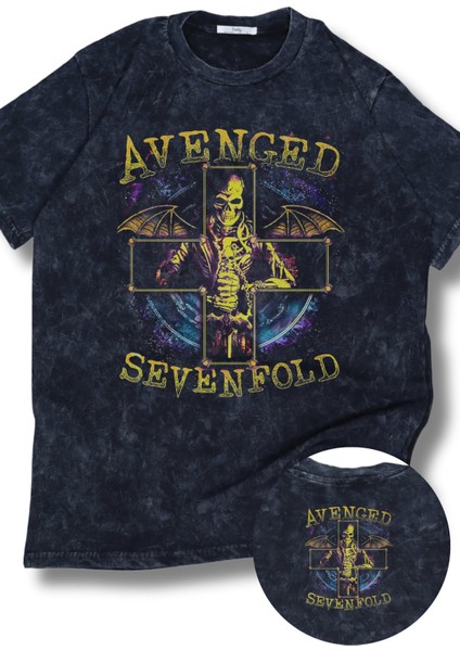 Oversize Avenged Sevenfold Artı Ense Baskılı Yıkamalı T-Shirt, Unisex Rock Band Temalı Retro Tişört