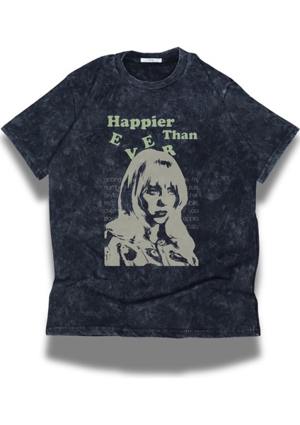 Oversize Happier Then Ever Yazılı Yıkamalı Tişört, Unisex Billie Eilish Temalı Retro T-Shirt