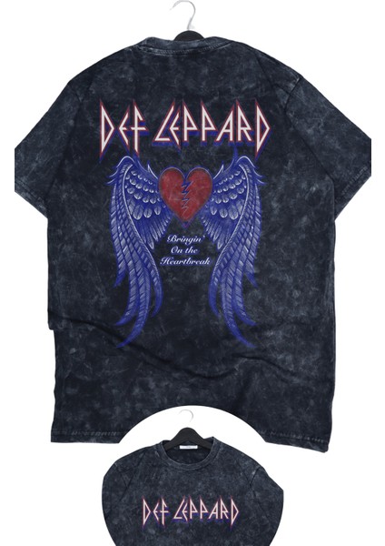 Oversize Def Leppard Sırt Baskılı Yıkamalı T-Shirt, Unisex Rock Band Temalı Vintage Tişört