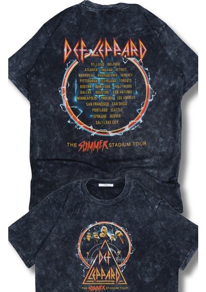 Unisex Oversize Def Leppard The Summer Stadium Tour Sırt Baskılı Yıkamalı Rock Band T-Shirt
