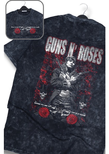Oversize Red Guns N' Roses Sırt Baskılı Yıkamalı T-Shirt, Unisex Rock Band Temalı Retro Tişört