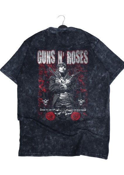 Oversize Red Guns N' Roses Sırt Baskılı Yıkamalı T-Shirt, Unisex Rock Band Temalı Retro Tişört modelleri