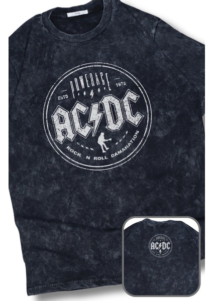 Oversize Ac Dc Powerage Ense Baskılı Yıkamalı T-Shirt, Unisex Rock Band Temalı Retro Tişört
