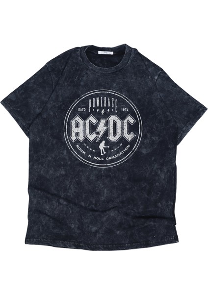 Oversize Ac Dc Powerage Ense Baskılı Yıkamalı T-Shirt, Unisex Rock Band Temalı Retro Tişört modelleri