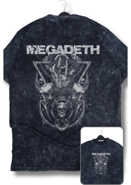 Oversize Iskelet Megadeth Sırt Baskılı Yıkamalı T-Shirt, Unisex Rock Band Temalı Tişört