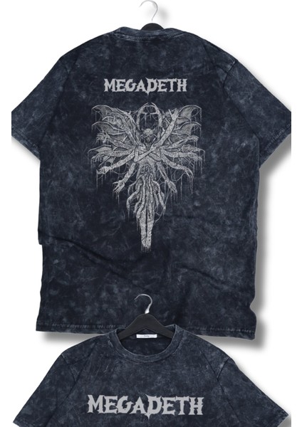 Oversize Yaratık Megadeth Sırt Baskılı Yıkamalı T-Shirt, Unisex Rock Band Temalı Vintage Tişört