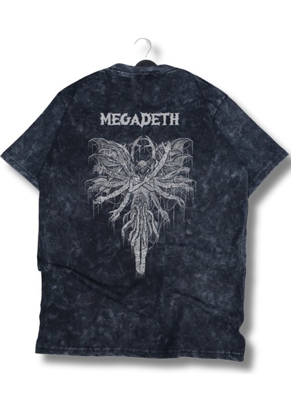 Oversize Yaratık Megadeth Sırt Baskılı Yıkamalı T-Shirt, Unisex Rock Band Temalı Vintage Tişört modelleri