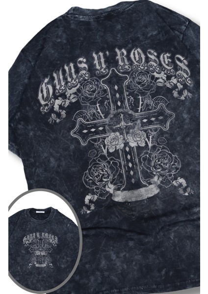 Oversize Artı Guns N' Roses Sırt Baskılı Yıkamalı T-Shirt, Unisex Rock Band Temalı Retro Tişört