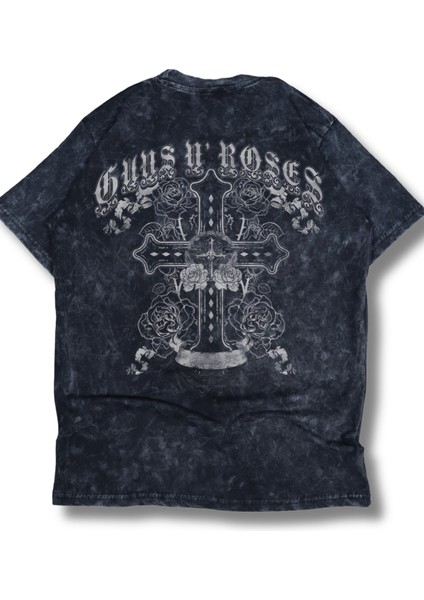 Oversize Artı Guns N' Roses Sırt Baskılı Yıkamalı T-Shirt, Unisex Rock Band Temalı Retro Tişört modelleri