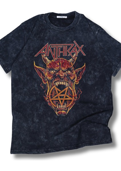 Oversize Anthrax Baskılı Yıkamalı T-Shirt, Unisex Rock Band Temalı Retro Tişört