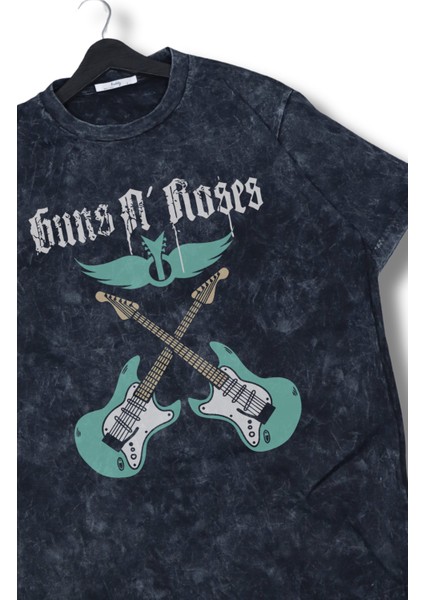 Oversize Gitarlı Guns N' Roses Baskı Yıkamalı T-Shirt, Unisex Rock Band Temalı Vintage Tişört