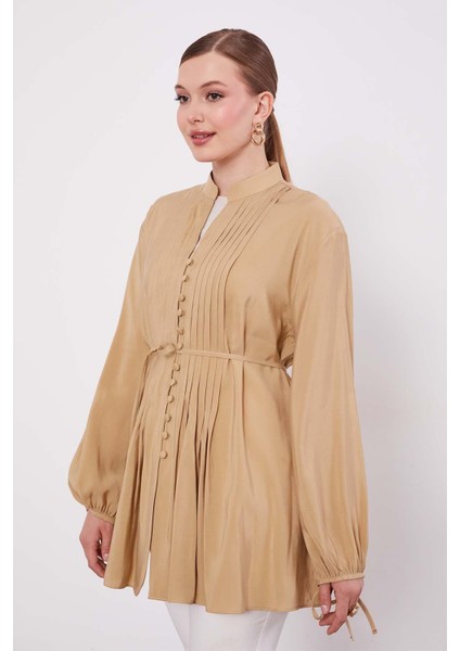 Camel Düğme Detay Belden Bağlama Gömlek