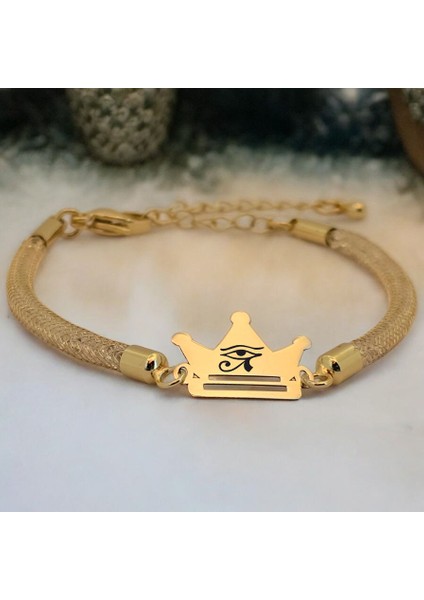 Şans Temalı Hasır Kordonlu Taç Figürlü 14 Ayar Altın Plakalı Hediye Bileklik-464SEMBOL fiyatları