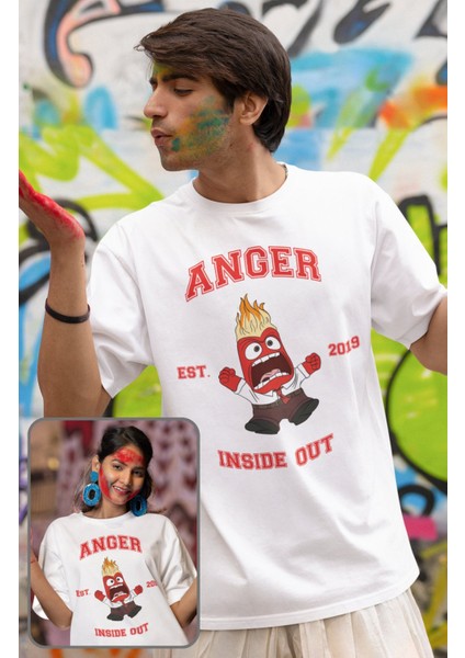 Unisex Insi.de Out Anger Baskılı T-Shirt, Oversize Ters Yüz Animasyon Film Temalı Tişört