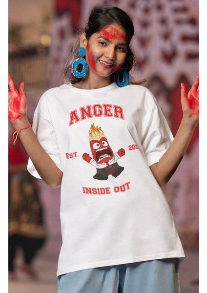 Unisex Insi.de Out Anger Baskılı T-Shirt, Oversize Ters Yüz Animasyon Film Temalı Tişört fiyatları