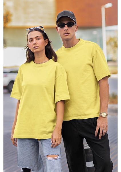Oversize Relax Bisiklet Yaka Basic Sarı Tişört / Rahat Kesim T-Shirt