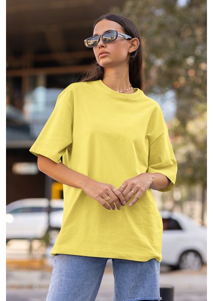 Oversize Relax Bisiklet Yaka Basic Sarı Tişört / Rahat Kesim T-Shirt fiyatları