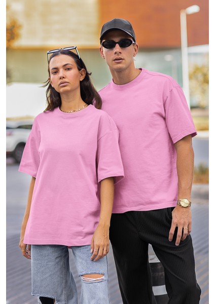 Oversize Relax Bisiklet Yaka Basic Şeker Pembe Tişört / Rahat Kesim T-Shirt