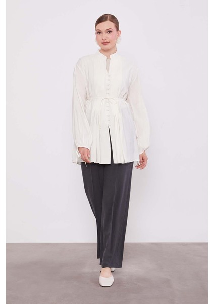 Ekru Düğme Detay Belden Bağlama Gömlek fiyatları