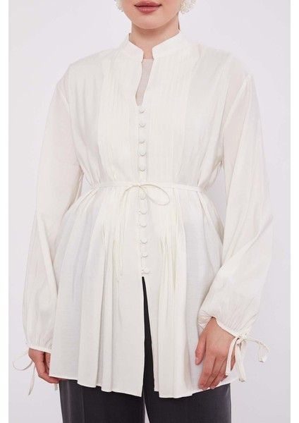 Ekru Düğme Detay Belden Bağlama Gömlek indirimleri