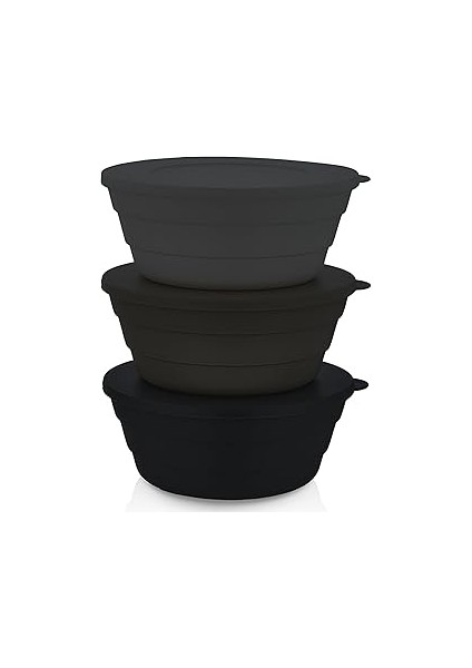 3'lü Yuvarlak Saklama Kabı Seti, 12X5 Cm, 350 ml Sızdırmaz Kapaklı, Bpa'sız Plastik, Antrasit Gri
